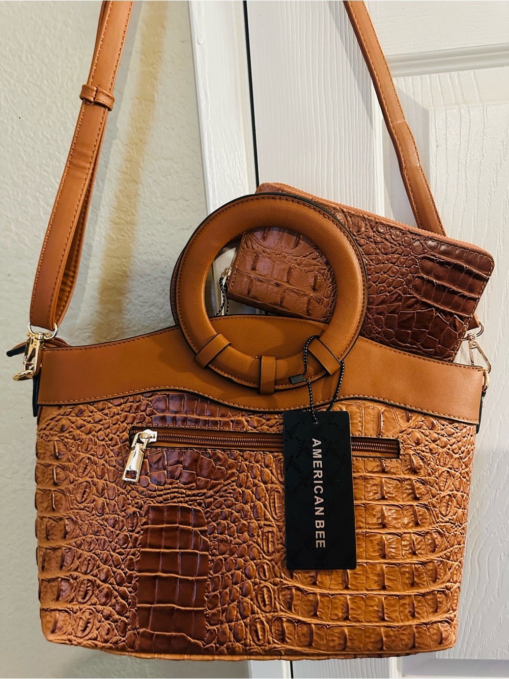 Tan Croc-Embossed Shoulder Bag with matching wallet